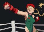  1girl abs absurdres bare_shoulders beret blonde_hair blue_eyes bodypaint boxing_ring braid breasts cammy_white covered_abs covered_navel covered_nipples fingerless_gloves gauntlets gloves green_leotard hair_between_eyes hat highleg highleg_leotard highres leotard long_hair medium_breasts muscular muscular_female porqueloin punching red_gloves scar scar_on_arm scar_on_cheek scar_on_face sleeveless solo street_fighter street_fighter_6 sweatdrop teeth toned twin_braids twintails 