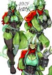  1girl alien antennae bandaged_hand bandages belt blush boots breasts cleavage cleavage_cutout clothing_cutout colored_skin fins fish_tail green_skin highres large_breasts looking_at_viewer muffin_top ok_sign original sfour_s4 shark_fin shark_girl shark_tail simple_background solo tail thigh_boots white_background 