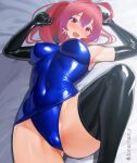  1girl ahoge black_gloves black_thighhighs blue_one-piece_swimsuit blush breasts cameltoe covered_navel covered_nipples dorachan_r elbow_gloves gloves hair_ribbon highres i-168_(kancolle) impossible_clothes impossible_swimsuit indoors kantai_collection latex leg_up long_hair looking_at_viewer medium_breasts old_school_swimsuit one-piece_swimsuit open_mouth ponytail red_eyes red_hair ribbon school_swimsuit shiny_swimsuit skin_tight solo swimsuit thighhighs 