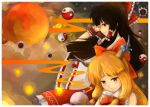  2girls absurdres black_hair bow brown_horns cloud frilled_bow frilled_cuffs frilled_hair_tubes frills from_side gourd hair_bow hair_tubes hakurei_reimu highres horn_bow horn_ornament horn_ribbon horns ibuki_suika looking_at_viewer moon multiple_girls night247 oni orange_hair orange_light orange_moon orange_theme orb red_bow red_eyes red_skirt ribbon ribbon-trimmed_sleeves ribbon_trim skirt torn_clothes torn_sleeves touhou yin_yang yin_yang_orb 
