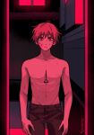  1boy artist_name blonde_hair blood blood_on_face chainsaw_man claireiosity collarbone denji_(chainsaw_man) highres looking_at_viewer pov_doorway pull_cord red_eyes red_theme short_hair solo sweat topless_male 