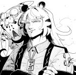  1girl animal_ears collared_shirt crossed_arms daku_k fingerless_gloves gloves greyscale grin highres hu_wei_(zenless_zone_zero) jacket ju_fufu looking_at_viewer monochrome shirt smile solo striped_hair tiger_ears tiger_girl tiger_stripes upper_body white_background zenless_zone_zero 