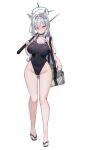  1girl animal_ear_fluff animal_ears ass_visible_through_thighs bag black_choker black_one-piece_swimsuit blue_archive blue_eyes breasts choker cleavage competition_swimsuit covered_navel cross cross_hair_ornament duffel_bag extra_ears fishing_rod flip-flops full_body grey_hair hair_ornament highleg highleg_one-piece_swimsuit holding holding_fishing_rod impossible_clothes impossible_swimsuit inverted_cross kuroshiro_kanae large_breasts long_hair looking_at_viewer mismatched_pupils one-piece_swimsuit sandals shiroko_(blue_archive) shiroko_terror_(blue_archive) smile solo swimsuit wolf_ears wolf_girl 