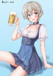  1girl alcohol anti_(untea9) apron beer beer_mug blue_apron blue_background blue_choker blue_eyes blue_skirt breasts choker cross cup dirndl german_clothes gradient_background grey_hair high-waist_skirt highres iron_cross kantai_collection looking_at_viewer mug one-hour_drawing_challenge short_hair sitting skirt small_breasts smile solo waist_apron white_background z1_leberecht_maass_(kancolle) z1_leberecht_maass_(oktoberfest)_(kancolle) 