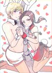  2boys animal_ears axis_powers_hetalia beads black_bow black_bowtie blonde_hair blush bow bowtie brown_hair buttons carrot_background china_(hetalia) closed_mouth commentary_request cowboy_shot detached_collar dog_bow_wow fake_animal_ears fake_tail floating_hair flower_knot hand_on_own_chest hands_up heart heart_background holding_hands leg_up long_hair looking_at_viewer low_ponytail male_focus mandarin_collar miniskirt multiple_boys navel ponytail purple_eyes rabbit_ears rabbit_tail red_skirt ribbon russia_(hetalia) shoes short_hair short_shorts shorts skirt smile standing standing_on_one_leg sweat sweatdrop tail topless_male v-shaped_eyebrows wavy_mouth white_background white_ribbon white_shoes white_shorts wing_collar wrist_cuffs yellow_eyes 