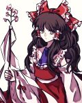  1girl ascot bow brown_eyes brown_hair closed_mouth commentary detached_sleeves flower frilled_bow frilled_hair_tubes frills gohei hair_tubes hakurei_reimu highres holding holding_gohei long_hair looking_at_viewer phantasmagoria_of_flower_view pink_flower purple_ascot red_bow red_skirt ribbon-trimmed_sleeves ribbon_trim skirt skirt_set soda_(sodaa_811) solo touhou very_long_hair 