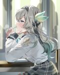  1girl absurdres aqua_hair black_hairband black_sailor_collar bow bowtie chair desk firefly_(honkai:_star_rail) firefly_(spring_missive)_(honkai:_star_rail) gradient_hair green_bow green_bowtie grey_hair hair_ornament hairband highres holding holding_pen honkai:_star_rail honkai_(series) long_hair long_sleeves looking_to_the_side multicolored_eyes multicolored_hair on_chair parted_lips pen sailor_collar school_desk school_uniform shirt sitting skirt sorani_(kaeru0768) white_shirt 