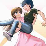  1boy 1girl absurdres artist_name black_hair black_shirt black_shoes blue_eyes blue_pants blush brown_hair carrying closed_mouth commentary crossdressing denim dress dutch_angle fujinami_ryuunosuke hetero highres jeans long_dress long_hair low_ponytail miz_mus open_mouth pants pink_dress ponytail princess_carry red_eyes reverse_trap shiowatari_nagisa shirt shirt_tucked_in shoes short_hair short_sleeves smile socks surprised trap twitter_username urusei_yatsura white_socks 