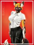 3:4 african_wild_dog anthro black_bottomwear black_clothing black_skirt border bottomwear brown_body brown_fur burnette_(tales_of_aether) canid canine claws clothing digital_drawing_(artwork) digital_media_(artwork) digital_painting_(artwork) dipstick_tail eyelashes facial_tuft fangs featureless_crotch female fur gradient_background halftone halftone_color halftone_dots hi_res huskytheprotogen inner_ear_fluff looking_at_viewer mammal markings multicolored_body open_mouth orange_body orange_eyes orange_fur oversized_clothing painting_(artwork) shaded shirt simple_background skirt smile solo t-shirt tail tail_markings tales_of_aether teeth topwear tuft white_body white_clothing white_fur white_shirt white_tail_tip white_topwear