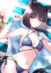  1girl absurdres animal_ears bare_shoulders bikini black_bikini black_eyes black_hair blue_archive blue_bikini blush breasts cat_ears cat_tail choker cleavage eyeliner flower halo hane_yuki highres kikyou_(blue_archive) kikyou_(swimsuit)_(blue_archive) layered_bikini looking_at_viewer makeup medium_breasts multiple_tails navel parted_bangs short_hair solo swimsuit tail towel towel_around_neck two_tails 
