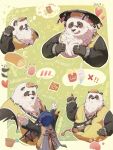  1boy 1girl animal_ears belle_(delicate_sunlight)_(zenless_zone_zero) belle_(zenless_zone_zero) belly black_fur blue_hair bracelet cake captjimmy1218 chinese_clothes chinese_commentary chinese_text claws closed_eyes closed_mouth commentary_request fat food furry furry_male heart highres holding holding_food jewelry looking_at_another looking_at_food multicolored_fur multiple_rings no_mouth open_mouth pan_yinhu panda panda_boy panda_ears paw_print pawpads plump ring round_eyewear shirt sparkle speech_bubble spiked_bracelet spikes spoken_blush spoken_food spoken_object steamed_bun swiss_roll translation_request white_fur yellow_shirt zenless_zone_zero 