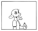 2025 anthro biped black_and_white border bottle chico_(fuel) clothed clothing container deer english_text fuel_(artist) gulp_(sound_effect) head_tuft hi_res holding_bottle holding_container holding_object male mammal monochrome neck_bulge shirt simple_background solo sound_effects swallowing t-shirt text topwear tuft white_background