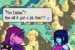  1girl 1other antenna_hair blue_hair blue_skin colored_skin colored_teeth copyright_name deltarune dialogue_box expressionless fake_screenshot fire_emblem fire_emblem:_the_binding_blade freckles glaceo grin half-closed_eyes kris_(dark_world)_(deltarune) kris_(deltarune) long_hair meme outdoors parody pink_scarf pink_skin pixel_art pun purple_hair reptile_girl scarf short_hair smile speech_bubble style_parody susie_(dark_world)_(deltarune) susie_(deltarune) v-shaped_eyebrows yellow_teeth 