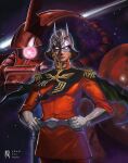  1boy adam_ryu_ford belt blonde_hair char_aznable closed_mouth commentary_request gloves gundam hands_on_own_hips helmet highres looking_at_viewer male_focus mecha military_uniform mobile_suit mobile_suit_gundam one-eyed pink_eyes robot science_fiction solo space white_gloves zaku_ii_s_char_custom zeon 