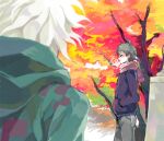  2boys ahoge autumn_leaves black_coat blush breath brown_hair chara_rira closed_eyes coat danganronpa_(series) danganronpa_2:_goodbye_despair green_hoodie grey_pants hand_in_pocket hinata_hajime hood hoodie komaeda_nagito male_focus multiple_boys outdoors pants scarf short_hair tree white_hair 