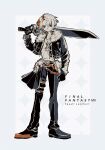  belt black_eyes black_gloves black_jacket black_pants black_shoes character_name copyright_name cropped_jacket eyes_visible_through_hair final_fantasy final_fantasy_viii frown fur-trimmed_jacket fur_trim glaring gloves grey_background gunblade half-skirt highres holding holding_weapon jacket jewelry limited_palette looking_at_viewer nayo_(kr_000515) necklace open_clothes open_jacket over_shoulder pants parted_bangs scar scar_on_face shirt shoes short_hair squall_leonhart thigh_belt thigh_strap too_many too_many_belts weapon weapon_over_shoulder white_background white_shirt 