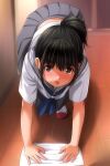  1girl :o all_fours black_hair blue_neckerchief blurry blush cleaning cleaning_rag depth_of_field highres indoors looking_at_viewer matsunaga_kouyou midriff_peek neckerchief nose_blush open_mouth original pleated_skirt ponytail purple_skirt school_uniform serafuku shadow shoes short_hair sidelocks skirt solo teeth upper_teeth_only uwabaki wiping wooden_floor 
