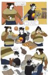 anthro bag belly belly_expansion belly_peek belly_peeking_out belly_press beverage black_clothing black_facial_hair black_hair black_shirt black_topwear bloated blue_bottomwear blue_clothing blue_pants bodily_fluids body_hair bottomwear brown_body brown_fur burger burping cake candy canid canine canis chocolate chocolate_bunny clothing comic container dessert dialogue domestic_dog duo eating eating_food emoji english_text expansion eyes_closed eyewear facial_hair floppy_ears food fork_in_mouth fur gabbagebin glasses goatee grey_body grey_fur hair hair_bun hand_on_belly happy_trail hi_res holding_stomach lidded_eyes male male/male mammal multiple_images navel open_mouth pants pink_tongue pizza pizza_box ponytail rumbling_stomach shirt simple_background soda soda_bottle speech_bubble stuffing sweat sweatdrop t-shirt tail tail_motion tailwag tape_measure tape_measure_around_waist text tongue topwear white_background white_belly wolf