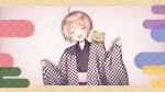  1boy ahoge animal_on_shoulder blonde_hair closed_eyes commentary egasumi facing_viewer frog haori happy highres idolmaster idolmaster_side-m japanese_clothes male_focus mi_oxo_9m open_mouth pierre_bichelberger solo sparkle symbol-only_commentary wide_sleeves 