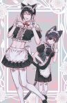  2boys alternate_costume animal_ears black_hair blue_eyes cat_boy cat_ears cat_tail ciel_phantomhive closed_mouth crop_top crossdressing earrings ena33333333 eyelashes eyepatch gloves hair_between_eyes highres jewelry kuroshitsuji maid male_focus male_maid middle_finger miniskirt multiple_boys pale_skin red_eyes sebastian_michaelis shirt short_hair skirt smile tail tareme trap unconventional_maid 