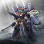  1girl absurdres antennae armor autocannon banshee_(last_origin) beam_rifle breasts camouflage cannon catastrophe_(catastroph13797) closed_mouth clothing_cutout crossover energy_gun green_hair groin groin_tendon gun gundam gundam_battle_operation_2 gundam_unicorn hair_between_eyes helm helmet highres holding holding_gun holding_weapon huge_breasts last_origin light_rays long_hair looking_at_viewer mecha_musume missile mountain overcast power_armor prototype_stark_jegan red_eyes science_fiction sky solo thighs thrusters underboob underboob_cutout vernier_thrusters weapon 