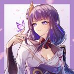  1girl absurdres armor blue_pupils blunt_bangs braid breasts bridal_gauntlets bug butterfly butterfly_on_hand cleavage closed_mouth clothing_cutout commentary_request eyeliner falling_petals fan_hair_ornament genshin_impact glowing_butterfly gradient_background hair_ornament happy_birthday head_tilt highres japanese_clothes kimono large_breasts light_smile long_braid long_hair looking_at_animal looking_down looking_to_the_side makeup mitsudomoe_(shape) mole mole_under_eye motion_blur neck_ribbon off_shoulder petals pink_lips pink_petals purple_background purple_butterfly purple_kimono purple_sash raiden_shogun red_eyeliner red_ribbon ribbon sash shade shoulder_armor shoulder_cutout single_braid solo tomoe_(symbol) upper_body yuno_kaihara 