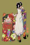  1girl apron asagiwa_ico black_hair full_body japanese_clothes kimono maid maneki-neko okobo original platform_sandals sandals short_hair solo tabi wa_maid 