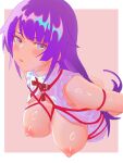  1girl arms_behind_back bakemonogatari bdsm blush bondage bound breasts breasts_out commentary_request cropped_torso long_hair looking_at_viewer monogatari_(series) multicolored_eyes nipples pink_background purple_eyes rapa_rachi senjougahara_hitagi shirt solo two-tone_eyes white_shirt 