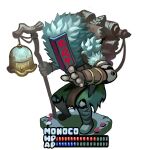  1boy backpack bag baimon bell character_name clair_obscur:_expedition_33 covered_face full_body health_bar holding holding_staff male_focus mask monoco_(clair_obscur:_expedition_33) simple_background solo staff standing white_background 
