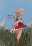  1girl absurdres back_bow blonde_hair blue_sky bow crystal day facing_away flandre_scarlet from_behind grass hat highres mob_cap no_lineart outdoors red_skirt red_vest reddizen scenery short_hair skirt skirt_set sky solo standing touhou vest white_bow white_headwear wings 