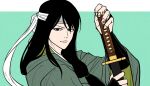  1boy aged_down arm_guards black_eyes black_hair closed_mouth commentary_request gintama green_kimono headband holding holding_sword holding_weapon japanese_clothes katana katsura_kotarou kimono long_hair looking_at_viewer low-tied_long_hair male_focus official_alternate_costume pike_121 sheath sheathed solo sword upper_body weapon white_headband wide_sleeves 