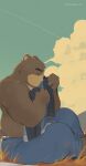 2025 absurd_res anthro bear black_bear blue_bottomwear blue_clothing blue_pants bottomwear brown_body brown_fur clothed clothing cloud countershade_face countershading eyes_closed fur hi_res juuichi_mikazuki male mammal moon_bear morenatsu on_ground outside pants puku216 sitting solo tan_body tan_countershading tan_fur topless topless_anthro topless_male ursine