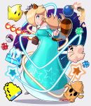  1girl 3others absurdres animal_ears artist_name ass back black_eyes blonde_hair blue_dress blue_eyes bomb crown doseisan dress earrings explosive fireball full_body galaxy hair_over_one_eye highres holding holding_wand ice jewelry lips long_hair long_sleeves looking_at_viewer luma_(mario) lying mario_(series) mother_(game) multiple_others on_back poke_ball raccoon_ears raccoon_girl raccoon_tail rocket rosalina sarukaiwolf shadow simple_background star_(symbol) star_earrings super_leaf_(transformation) super_mario_galaxy tail wand 