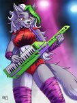 anthro arm_warmers armwear black_nose blue_body blue_fur bracelet breasts canid canine canis clothed clothed_anthro clothed_female clothing collar fangs female five_nights_at_freddy&#039;s five_nights_at_freddy&#039;s:_security_breach fur green_highlights grey_hair hair heresy_(artist) hi_res highlights_(coloring) jewelry keyboard_instrument keytar leg_warmers legwear mammal musical_instrument pattern_arm_warmers pattern_armwear pattern_clothing pattern_leg_warmers pattern_legwear roxanne_wolf scottgames solo spiked_bracelet spiked_collar spikes steel_wool_studios striped_arm_warmers striped_armwear striped_clothing striped_leg_warmers striped_legwear stripes teeth tongue wolf