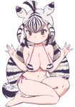  1girl \||/ ahoge animal_ears bangs bare_shoulders barefoot bikini black_hair blush breasts brown_eyes chapman&#039;s_zebra_(kemono_friends) collarbone commentary dot_mouth extra_ears full_body highres kemono_friends large_breasts long_hair looking_at_viewer masuyama_ryou multicolored_hair navel side-tie_bikini_bottom simple_background sitting solo string_bikini striped striped_bikini swimsuit two-tone_hair very_long_hair white_background white_hair yokozuwari zebra_ears zebra_girl zebra_tail 