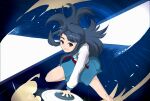  1girl asakura_ryoko blue_eyes blue_hair blue_sailor_collar blue_skirt kita_high_school_uniform knife long_hair long_sleeves multiple_girls parted_bangs sailor_collar sanuki_miyatuc0 school_uniform serafuku skirt smile solo suzumiya_haruhi_no_yuuutsu winter_uniform 