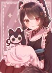  1girl animal_ears apron banken_(inui_toko) black_hair cat cat_ears closed_mouth heterochromia highres inset_border inui_toko inui_toko_(1st_costume) looking_at_viewer maid maid_headdress mi_oxo_9m nijisanji short_hair sitting striped_background virtual_youtuber wa_maid white_apron 