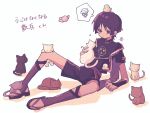  1boy absurdres animal animal_in_clothes animal_on_head arm_support armor bird bird_on_head black_bodysuit black_cat black_hair black_kimono black_sandals black_shorts black_sleeves blunt_ends bodysuit brown_cat cat cat_on_person closed_mouth furisode genshin_impact grey_cat grey_leggings highres holding holding_animal holding_cat japanese_armor japanese_clothes jewelry juban kimono knee_up kote kurokote leggings light_blush looking_at_animal male_focus mandarin_collar mitsudomoe_(shape) multicolored_hair neck_ring nero_hanken o-ring on_head open_clothes open_kimono petting purple_eyes purple_hair purple_rope purple_sash purple_sleeves red_kimono red_sash rope sandals sash scaramouche_(genshin_impact) sepia shimenawa shorts solo spoken_squiggle squiggle stirrup_legwear streaked_hair tassel toeless_legwear toes tomoe_(symbol) too_many too_many_cats translation_request white_cat white_kimono white_rope zouri 