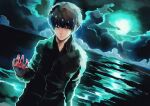  1girl absurdres bangs black_shirt closed_mouth cloud collared_shirt colored_skin dutch_angle green_eyes green_sky hand_up heterochromia highres kaneki_ken kyuuba_melo long_sleeves moon night ocean outdoors outline red_eyes red_skin shiny_clothes shirt solo tokyo_ghoul upper_body water white_outline 