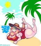 abstract_background anthro beastars big_breasts big_butt blonde_hair bored bovid breasts butt caprine clothed clothing female green_eyes hair hat headgear headwear hi_res huge_butt looking_at_viewer lying mammal nipple_outline on_front palm_tree plant sebun_(beastars) sheep solo sun sun_hat swimwear thick_thighs tree yanisp5