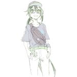  1girl amagiri_(kancolle) amagiri_(rainy_season)_(kancolle) anchor_ornament baseball_cap black_hair black_shirt casual fanny_pack green_eyes grey-framed_eyewear grey_hair grin hands_in_pockets hashtag-only_commentary hat highres kantai_collection kusakabe_(kusakabeworks) low_ponytail official_alternate_costume pants ponytail shirt smile solo t-shirt white_pants 