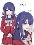  black_sailor_collar blunt_bangs character_name eyelashes genderswap genderswap_(mtf) highres long_hair long_sleeves looking_at_viewer multicolored_hair multiple_views open_mouth own_hands_together piercing pleated_skirt purple_eyes purple_hair red_skirt sailor_collar school_uniform serafuku simple_background skirt smile the_hundred_line_-last_defense_academy- tsukumo_ima tsumugg0 twitter_username venus_symbol white_background 