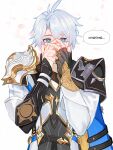  1boy antenna_hair armor black_gloves black_shirt blood blue_cape blue_eyes blush cape coat commentary covering_face english_commentary fingerless_gloves gloves highres honkai:_star_rail honkai_(series) male_focus moonya nosebleed pauldrons phainon_(honkai:_star_rail) shirt short_hair shoulder_armor simple_background single_glove single_pauldron solo white_background white_coat white_hair yellow_blood 