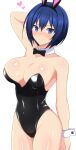  &gt;:) 1girl animal_ears arm_at_side arm_behind_head arm_up bangs bare_arms bare_shoulders black_bow black_bowtie black_hairband black_leotard blue_eyes blue_hair blush bob_cut bow bowtie breasts cleavage closed_mouth collarbone commentary_request covered_navel cowboy_shot detached_collar dolphin_wave fake_animal_ears groin hair_between_eyes hairband heart highleg highleg_leotard large_breasts leotard looking_at_viewer nose_blush playboy_bunny rabbit_ears short_hair simple_background smile solo standing strapless strapless_leotard tojou_michiru v-shaped_eyebrows white_background wrist_cuffs zack_(haiuinndo) 