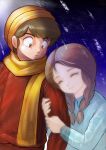  1boy 1girl ^_^ arm_hug artist_name blue_pajamas braid brown_eyes brown_hair closed_eyes closed_mouth clothes_writing commentary_request ghost hair_over_shoulder happy head_on_another&#039;s_shoulder highres hug looking_at_another looking_to_the_side miz_mus moroboshi_ataru night nozomi_(urusei_yatsura) outdoors pajamas parted_bangs parted_lips red_sweater scarf see-through_body smile snowing standing sweater turning_head twin_braids twitter_username upper_body urusei_yatsura winter yellow_scarf 