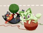 aruco_co brown_background closed_mouth colored_sclera commentary highres litten no_humans pokemon pokemon_(creature) purple_eyes red_eyes sprigatito yarn yarn_ball yellow_sclera 