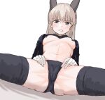  1girl animal_ears black_panties blue_eyes bow bowtie breasts cameltoe disgust eila_ilmatar_juutilainen fox_ears gaditava gloves grey_hair looking_at_viewer meme_attire navel panties pasties reverse_bunnysuit reverse_outfit simple_background solo strike_witches thighhighs underwear white_gloves world_witches_series 