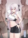  1girl 2boys absurdres ahoge armpit_crease bare_arms bare_shoulders black_shorts bow breasts cleavage closed_mouth colored_inner_hair commentary_request cowboy_shot crop_top dolphin_shorts drawstring faceless faceless_male girls&#039;_frontline hair_bow hair_ornament hairclip half_updo hand_on_own_hip hand_up highres iws_2000_(girls&#039;_frontline) kisa_(leg3043) korean_commentary large_breasts leg_tattoo long_hair looking_down midriff multicolored_hair multiple_boys navel red_eyes shirt short_shorts shorts sleeveless sleeveless_shirt solo_focus sports_bra standing stomach sweat sweatband tattoo towel towel_around_neck very_long_hair white_hair white_shirt 