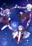  3girls :d :o ^_^ absurdres aqua_neckerchief black_pantyhose blue_sky bob_cut brown_dress brown_hair closed_eyes commentary_request constellation dress floating_hair flower fujishima_megumi full_body gloves green_eyes hair_bun hair_flower hair_intakes hair_ornament half_gloves hasu_no_sora_school_uniform highres holding_hands inverted_bob link!_like!_love_live! loafers long_hair love_live! medium_dress multicolored_hair multiple_girls neckerchief open_mouth otomune_kozue outline pantyhose pleated_dress purple_hair red_hair sailor_collar sailor_dress school_uniform shoes short_hair side_ponytail single_side_bun sky smile socks star_(sky) star_(symbol) star_hair_ornament starry_sky streaked_hair two_side_up virtual_youtuber watage_modoki white_hair white_outline white_sailor_collar white_socks winter_uniform yugiri_tsuzuri 