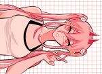  1girl :3 camisole cat_hair_ornament chainsaw_man claireiosity cross-shaped_pupils grid_background hair_ornament halftone horns long_hair looking_at_viewer parted_lips pink_hair power_(chainsaw_man) red_horns sideways simple_background solo star_(symbol) symbol-shaped_pupils twintails white_background white_camisole yellow_eyes 